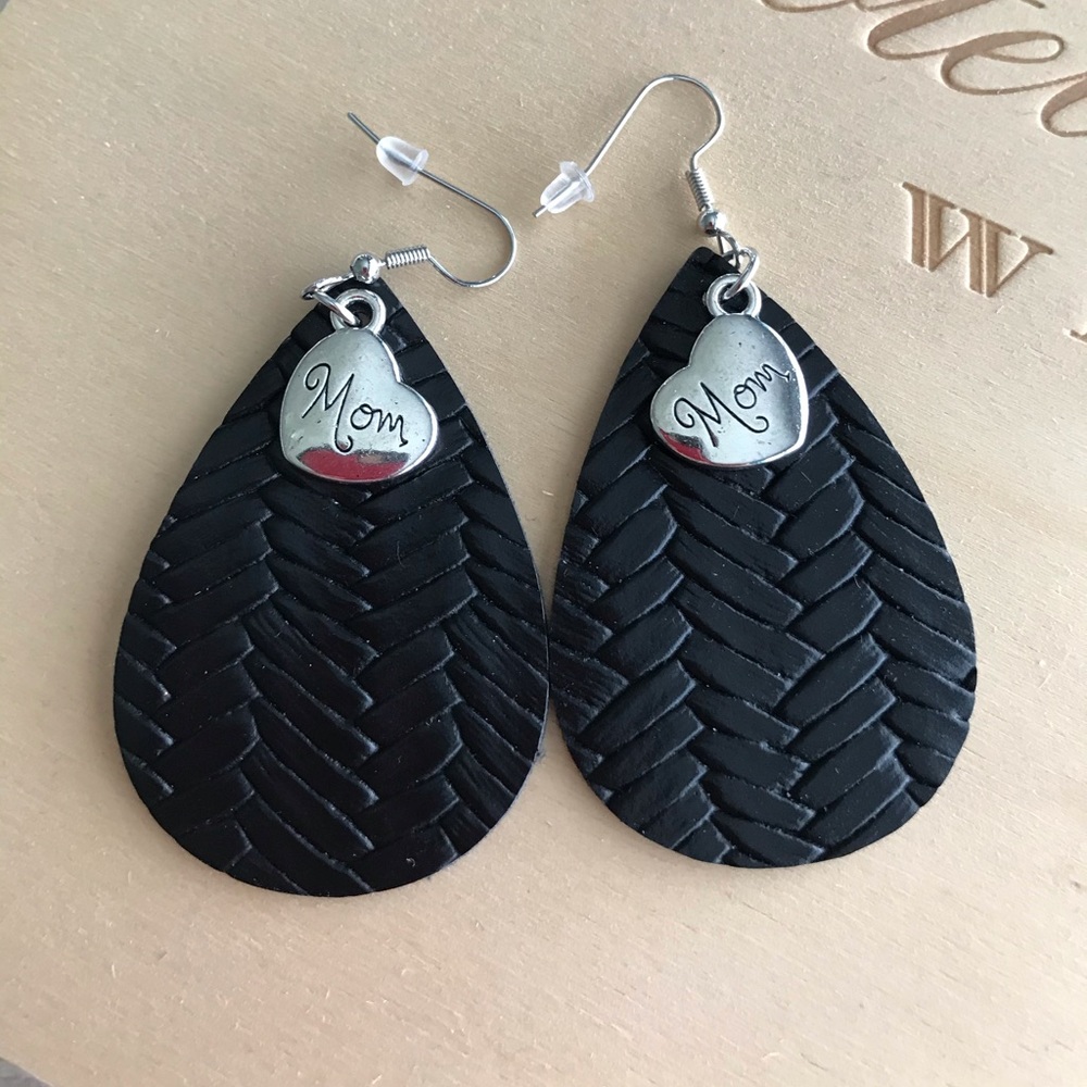 “Mom” Black Texture Leather with silver charm.